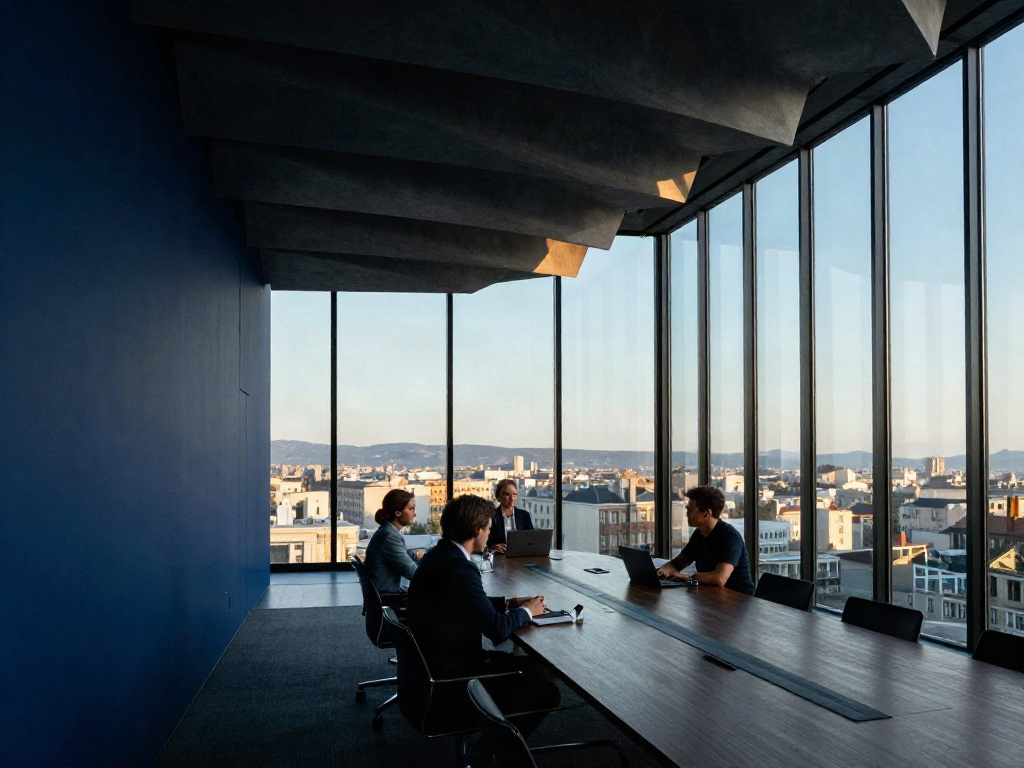 A strategy review in a contemporary, sunlit boardroom overlooking the city